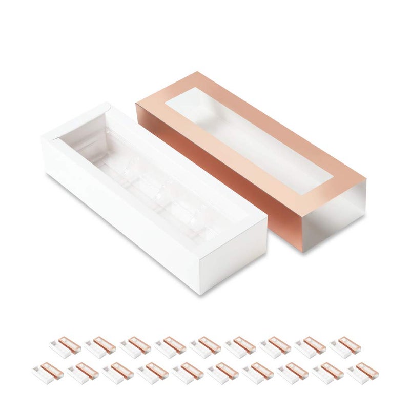 BAKIPACK 20 Rose Gold Truffle Box, Chocolate Box Packaging, Candy Boxes with 4-Piece Plastics Tray (Tray Size with 5.75x2.75 Inches), Pull Out Packing with Clear Window Sleeves - Image 1